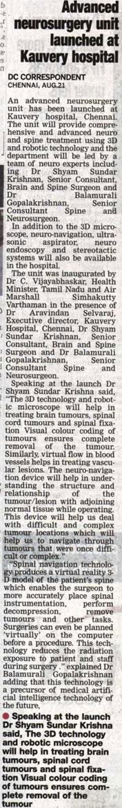 Deccan Chronicle 22082019 Chennai Advanced neurosurgery unit launched at Kauvery hospital