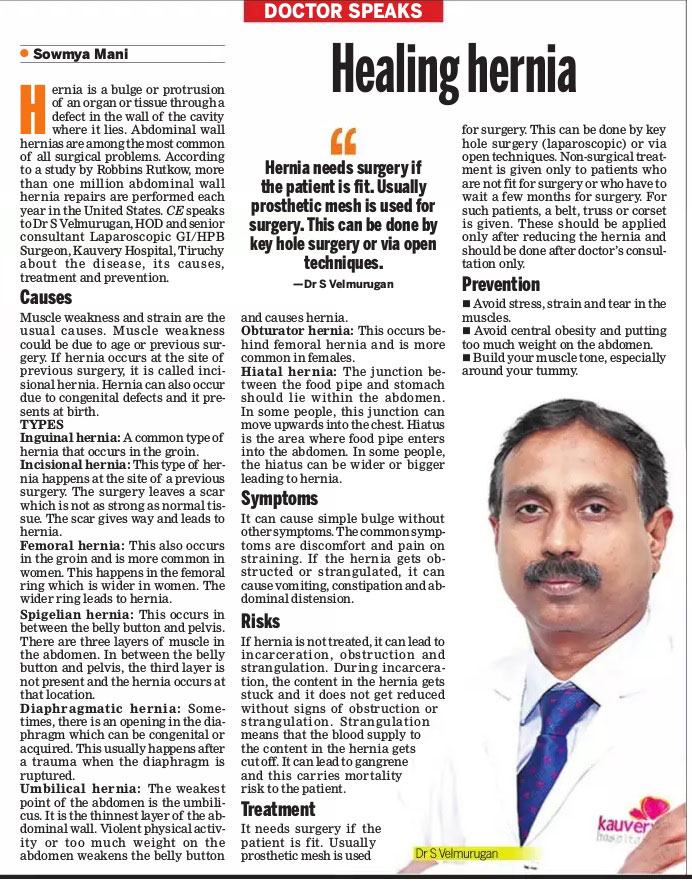 Healing Hernia by Dr. S. Velmurugan in The New Indian Express Trichy Express Page 19 30 Aug 2019