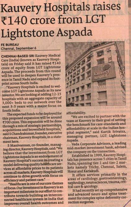 The Financial Express 07092019 Chennai Kauvery Hospitals raises 140 crore from LGT Lightstone Aspada