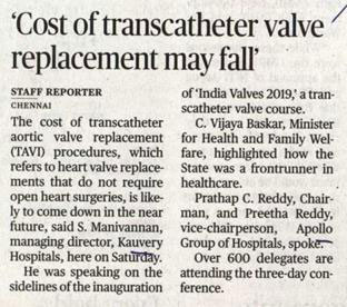 The Hindu 08092019 Chennai Cost of trans catheter value replacement may fall