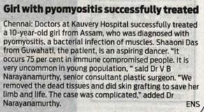 The New Indian Express 03032020 Chennai Girl with pyomyositis successfully treated