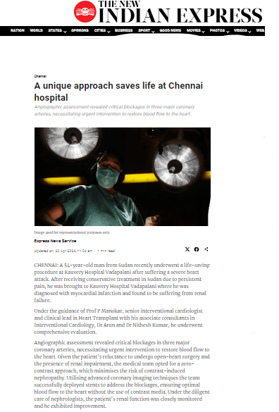 Successful Zero Contrast Complex Multi Vessel Angioplasty At Kauvery Hospital Vadapalani Saves 